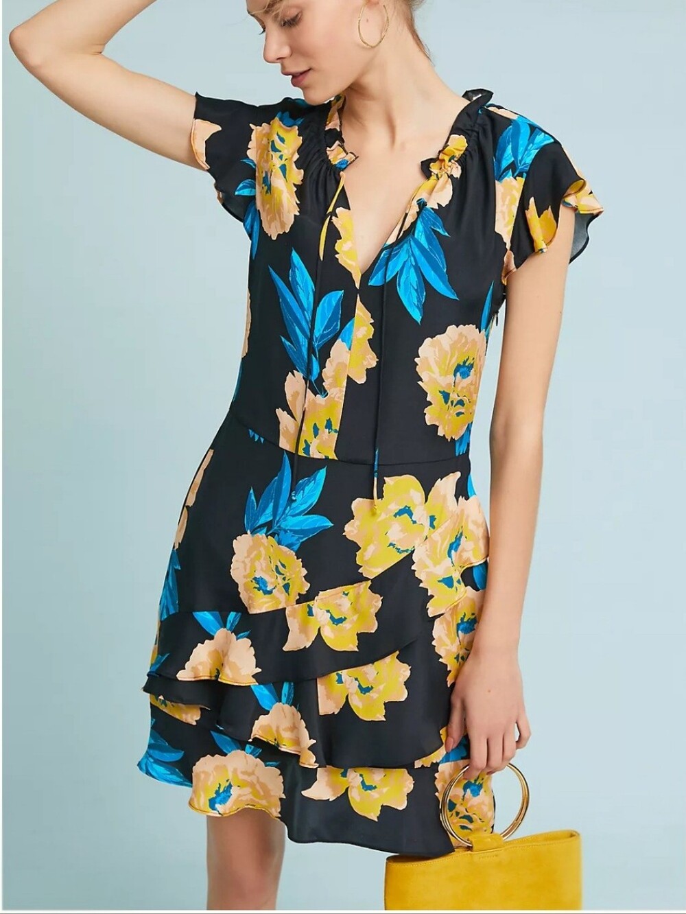 ANTHROPOLOGIE Dolan Left Coast Ladew Silk Floral Ruffled Mini Dress Size S